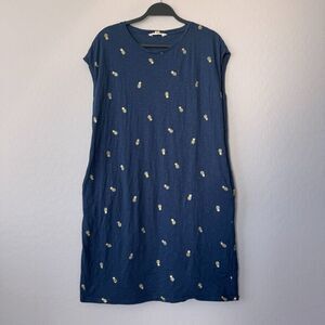 Boden Size 12L Navy Blue Gold Pineapple 100%‎ Cotton Cap Sleeve Dress w Pockets